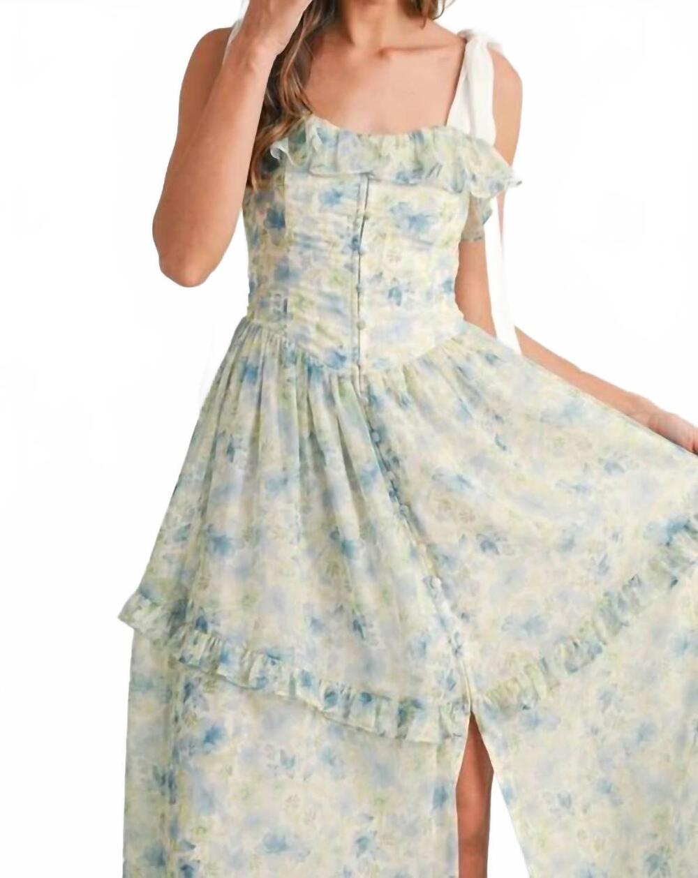 NEW MABLE floral printed shoulder strap midi dress in blue - Picture 5 of 6